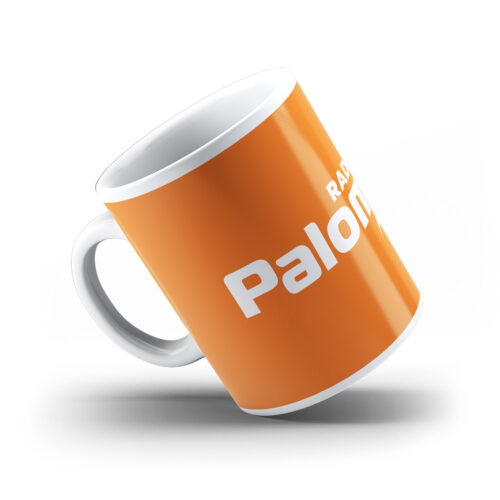 Tasse Radio Paloma Logo weiß auf orangenem hintergrund