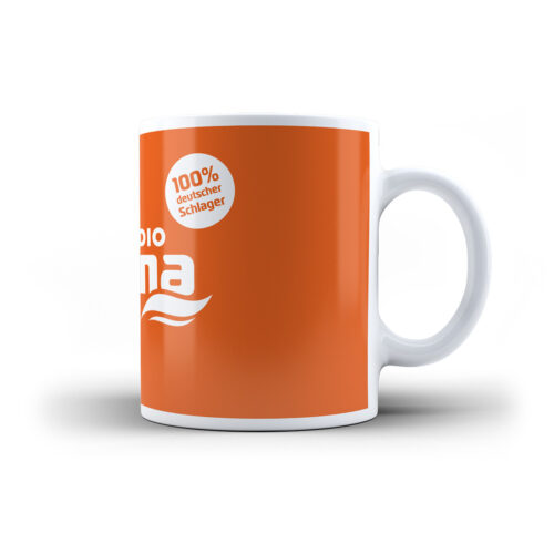 Tasse Radio Paloma Logo weiß auf orangenem hintergrund
